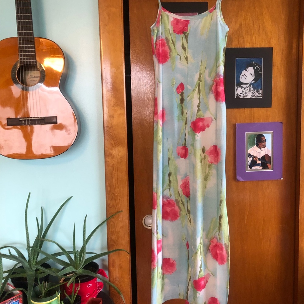 Pink floral on light blue and white fitted Summer dress